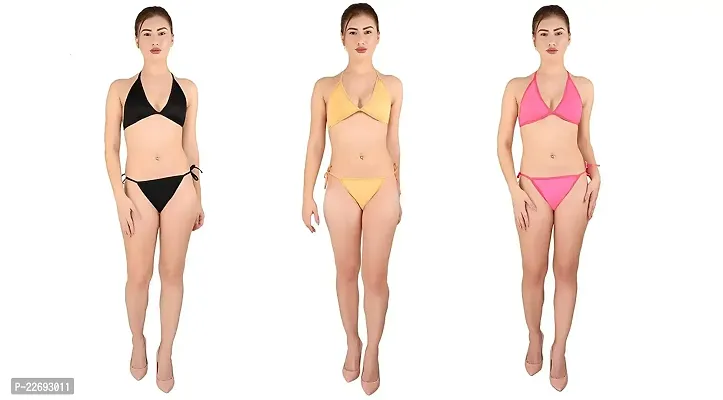 AFAB Alfisha Women's Silk Summer Sexy G-String Bikini Thong Lingerie Set (Pack of 3_Black, Golden, Pink)-thumb0