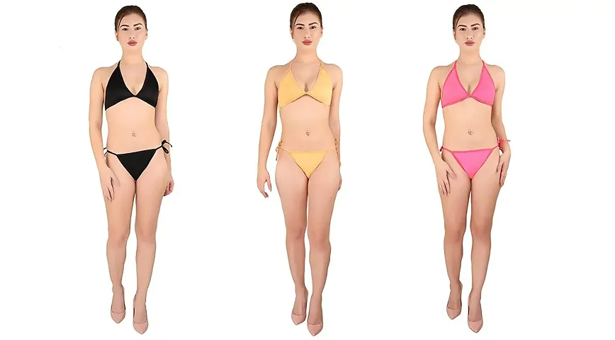 AFAB Alfisha Women's Silk Summer Sexy G-String Bikini Thong Lingerie Set (Pack of 3_Black, Golden, Pink)