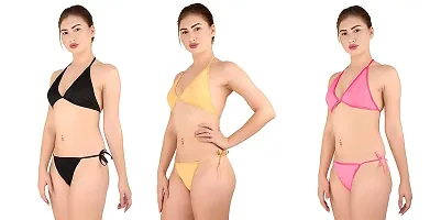 AFAB Alfisha Women's Silk Summer Sexy G-String Bikini Thong Lingerie Set (Pack of 3_Black, Golden, Pink)-thumb3