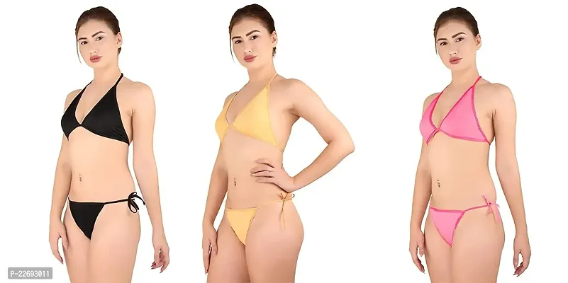 AFAB Alfisha Women's Silk Summer Sexy G-String Bikini Thong Lingerie Set (Pack of 3_Black, Golden, Pink)-thumb4