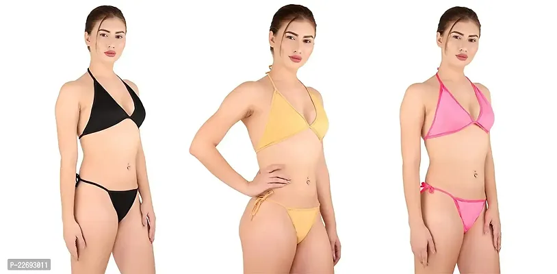 AFAB Alfisha Women's Silk Summer Sexy G-String Bikini Thong Lingerie Set (Pack of 3_Black, Golden, Pink)-thumb5