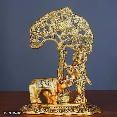 Metal Krishna Idol Murti With Kamdhenu Cow Gold Plated Showpiece-thumb0