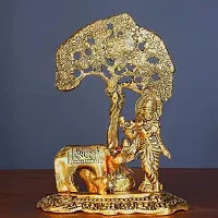 Metal Krishna Idol Murti With Kamdhenu Cow Gold Plated Showpiece-thumb1