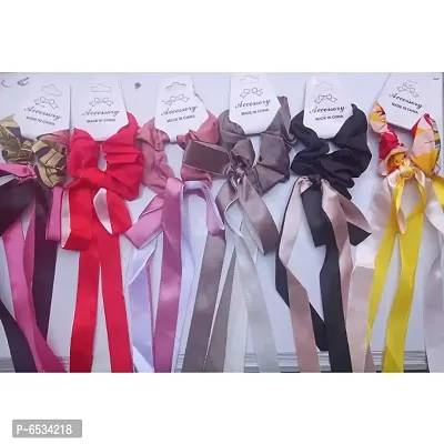 Hair ties scarf elastic bowknot hair ribbon ties satin silk ponytail holder scrunchy for women 6pcs multicolor Rubber Band-thumb0
