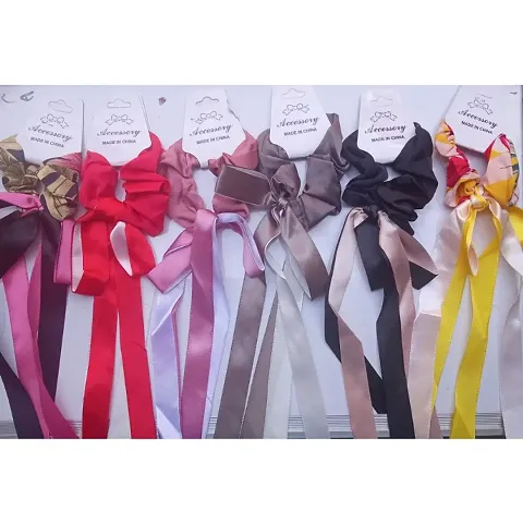 Hair ties scarf elastic bowknot hair ribbon ties satin silk ponytail holder scrunchy for women 6pcs multicolor Rubber Band