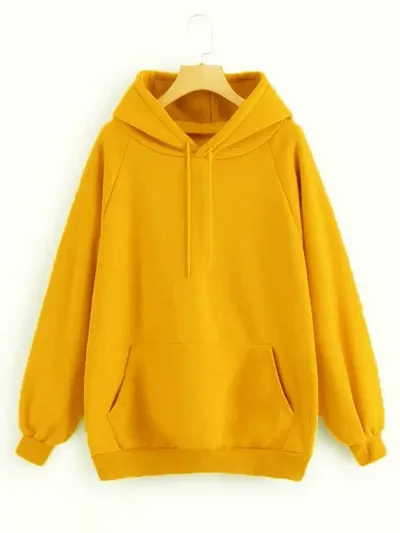 Trendy Fleece Yellow Solid Long Sleeves Hooded Sweatshirt For Women