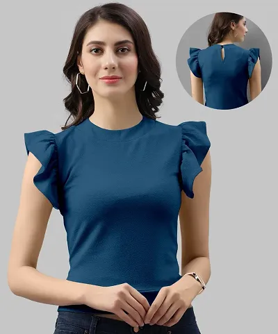 Elegant Lycra Teal Blue Solid Top For Women