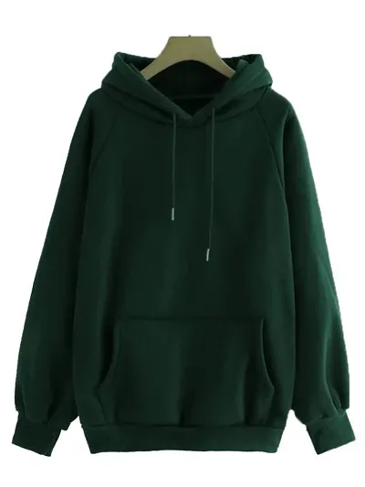 Trendy Fleece Green Solid Long Sleeves Hooded Sweatshirt For Women