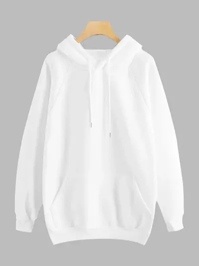 Trendy Fleece White Solid Long Sleeves Hooded Sweatshirt For Women