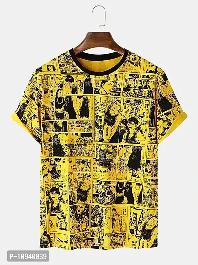Stylish Lycra Yellow Printed Round Neck Short Sleeves Printed T-Shirt For Men-thumb0