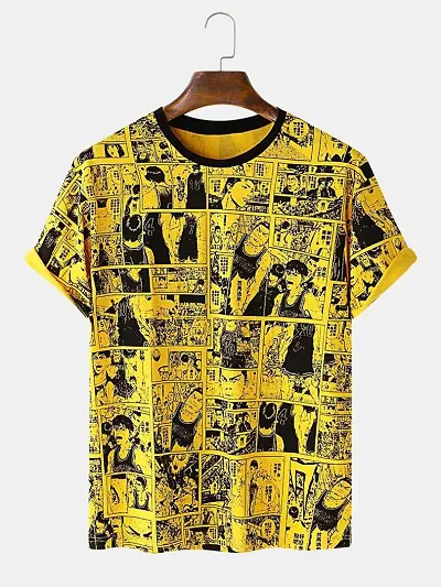 Stylish Lycra Yellow Printed Round Neck Short Sleeves Printed T-Shirt For Men