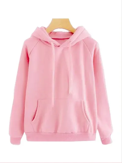 Trendy Fleece Pink Solid Long Sleeves Hooded Sweatshirt For Women