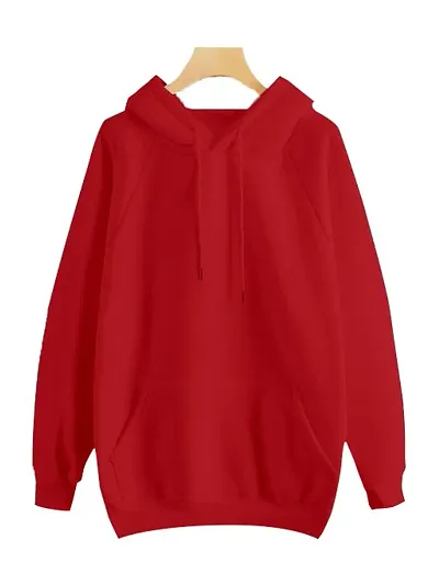 Trendy Fleece Red Solid Long Sleeves Hooded Sweatshirt For Women