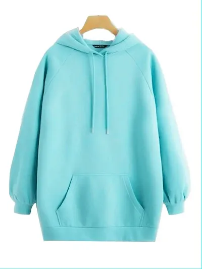 Trendy Fleece Turquoise Solid Long Sleeves Hooded Sweatshirt For Women