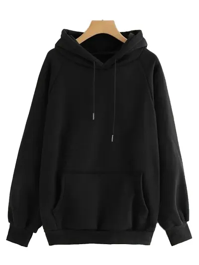 Trendy Fleece Black Solid Long Sleeves Hooded Sweatshirt For Women