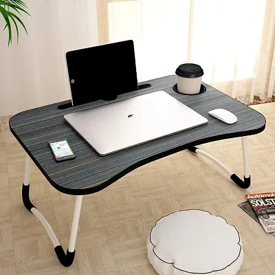 Black Smart Multi-Purpose Laptop Table with Dock Stand and Coffee Cup Holder/Study Table/Bed Table/Foldable and Portable/Ergonomic and Rounded Edges/Non-Slip Legs/Engineered Wood