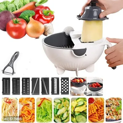 Bonanza 9 in 1 Multifunction Magic Rotate Vegetable Cutter with Drain Basket, Large Size, Multicolor-thumb0
