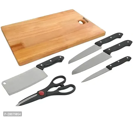 Stainless Steel Kitchen 5-Pcs Knife Set with Wooden Chopping Board  Scissor Vegetable  Meat Cutting (Set of 5 + 1 Chopper Board)-thumb0
