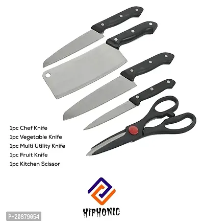 Stainless Steel Kitchen 5-Pcs Knife Set with Wooden Chopping Board  Scissor Vegetable  Meat Cutting (Set of 5 + 1 Chopper Board)-thumb3