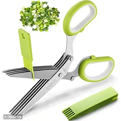 Multicoloured-Functional Stainless Steel Kitchen Knives 5 blade scissor Cut Herb Spices Cooking Tools Vegetable Cutter with Cleaning Brush Shredding Scissors (Multicoloured color )-thumb0