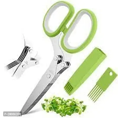 Multicoloured-Functional Stainless Steel Kitchen Knives 5 blade scissor Cut Herb Spices Cooking Tools Vegetable Cutter with Cleaning Brush Shredding Scissors (Multicoloured color )-thumb5