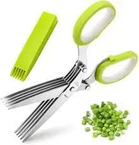 Multicoloured-Functional Stainless Steel Kitchen Knives 5 blade scissor Cut Herb Spices Cooking Tools Vegetable Cutter with Cleaning Brush Shredding Scissors (Multicoloured color )-thumb2