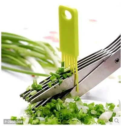 Multicoloured-Functional Stainless Steel Kitchen Knives 5 blade scissor Cut Herb Spices Cooking Tools Vegetable Cutter with Cleaning Brush Shredding Scissors (Multicoloured color )-thumb4