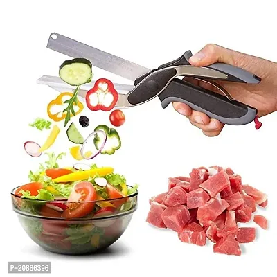 2 in 1 Stainless Steel Multicoloured-Functional Vegetable Clever Cutter Scissor for Home/Kitchen with Lock System (Black)-thumb5