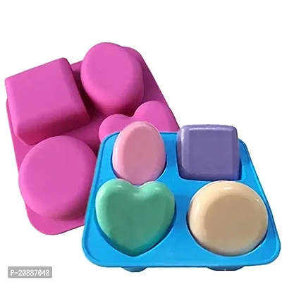 Cavity Silicone Soap Cake Making Mould | 4 Shapes, Circle, Square, Oval and Heart (Pack of 1,Random Color)