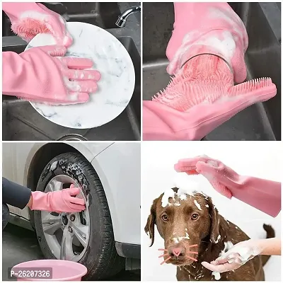 Silicone Hand Gloves For Dish Washing Kitchen Bathroom Car Cleaning Great For Washing Dish, Car, Bathroom, Pack of 1 Multi Color-thumb2