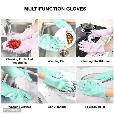 Silicone Hand Gloves For Dish Washing Kitchen Bathroom Car Cleaning Great For Washing Dish, Car, Bathroom, Pack of 1 Multi Color-thumb3