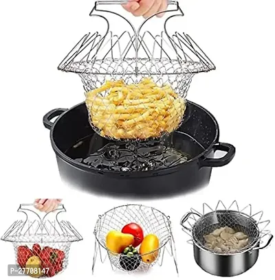 Foldable Steam Rinse Deep Frying Basket, Stainless Steel Fry French Fries Basket Strainer Net Fried Filter Drainage Rack for Fried Food or Fruits-thumb0
