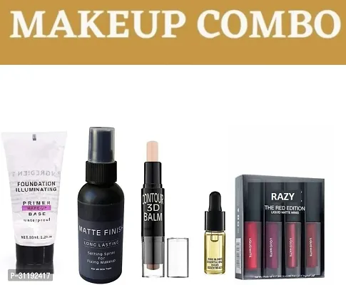 RAZY Exclusive Makeup Combo Of Matte Fixer With Base Primer, HD Contour Stick, Essential Face Oil and 4p Liquid Lipstick Set 5 Items in the set-thumb0