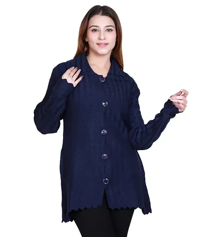 Stylish Blue Embroidered Woolen Long Cardigan Sweater