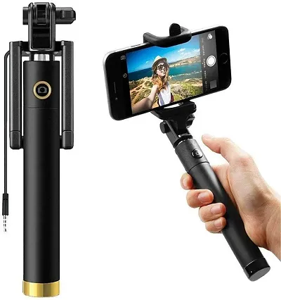 RATEHALF Selfie Stick Monopod for Mobile Phone for clicking Photos & Making Video with Attached AUX Cable | for iPhone and Android Mobile Phones | Black