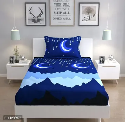 STEDO Home Linen 100% Soft Glace Cotton Moon Design Cartoon Printed Kids Single Bed Sheet with 1 Pillow Covers for Boys/ Girls Room- Badsheet Size 90x60 Inch, Pillow Cover Size 18x28 Inch, Color Blue