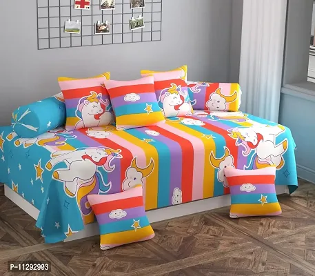 SHOMES ? Soft Cotton Feel Unicorn Design Diwan Set of 8 Pcs- Cartoon Deewan Bedsheet with 5 Cushion Cover & 2 Bolster for Single Bed (Navy , Pink , Large)