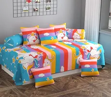 SHOMES ? Soft Cotton Feel Unicorn Design Diwan Set of 8 Pcs- Cartoon Deewan Bedsheet with 5 Cushion Cover & 2 Bolster for Single Bed (Navy , Pink , Large)-thumb1