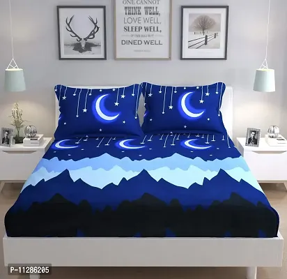 STEDO Home Linen 100 % Glace Cotton Moon Design Cartoon Printed Kids Double Bed Sheet with 2 Pillow Covers for Boys / Girls Room- Badsheet Size 90x95 Inch, Pillow Cover 18x28 Inch, Color Blue