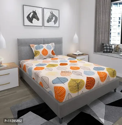 SHOMES | 250 TC Glace Cotton Elastic Fitted Double Bed Bedsheet King Size with 2 Pillow Cover - 78""x72"" Inches ( Orange Leaf )-thumb0