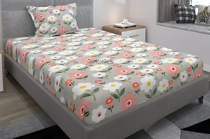 SHOMES | 250 TC Glace Cotton Elastic Fitted Double Bed Bedsheet King Size with 2 Pillow Cover - 78""x72"" Inches ( Grey Floral )-thumb2