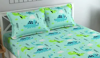 SHOMES 100 % Soft Glace Cotton Rhino Design Cartoon Printed Kids Double Bed Sheet with 2 Pillow Covers for Boys / Girls Room- Badsheet Size 90x95 Inch, Pillow Cover 18x28 Inch, Color Green-thumb1