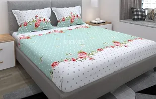 SHOMES | 250 TC Glace Cotton Elastic Fitted Double Bed Bedsheet King Size with 2 Pillow Cover - 78x72 Inches ( Green White )-thumb2