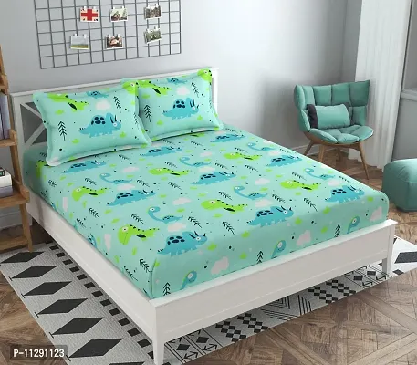 SHOMES 100 % Soft Glace Cotton Rhino Design Cartoon Printed Kids Double Bed Sheet with 2 Pillow Covers for Boys / Girls Room- Badsheet Size 90x95 Inch, Pillow Cover 18x28 Inch, Color Green