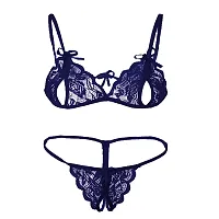 FLUTE Women's Sexy Net Lace Lingerie Set/Bikini Set/Bra Panty Set for Honeymoon Free Size (Navy Blue)-thumb4