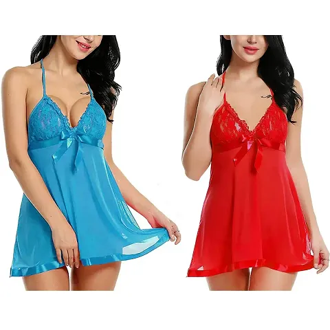 FLUTE Combo Pack !Women Babydoll Nightwear Lingerie with Panty - Free Size (Rose and Cyan)