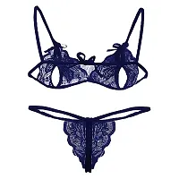 EVLIANA Women's Sexy Net Lace Lingerie Set/Bikini Set/Bra Panty Set for Honeymoon Free Size (Navy Blue)-thumb1