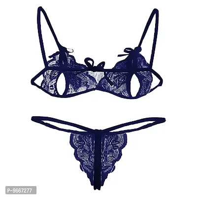 EVLIANA Women's Sexy Net Lace Lingerie Set/Bikini Set/Bra Panty Set for Honeymoon Free Size (Navy Blue)-thumb2