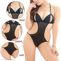 FLUTE Combo Pack ! Women Bikni lace Bra Panty Lingerie Set with Teddy Backless Dress| Net Transparent Sleepwears for Honeymoon Nighty Dresses (Free Size) (Pack of 2 (Black))-thumb2