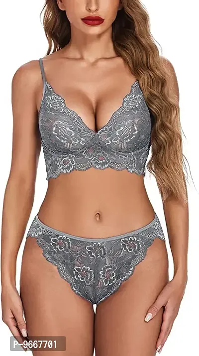 EVLIANA Women's Sexy Lace Bra and Panty Lingerie Set for Honey Moon (Free Size) (Silver)